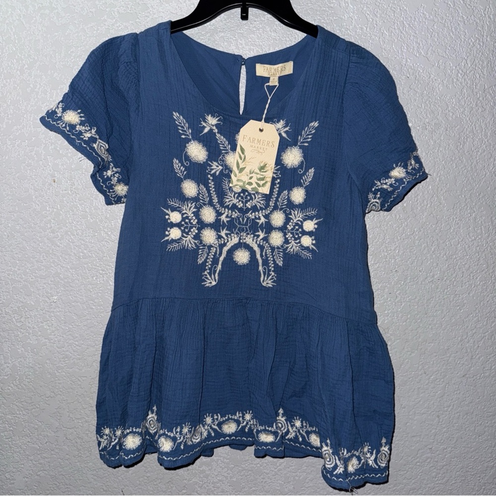 Farmers Market Blue Embroidered V-Neck Peplum Blouse